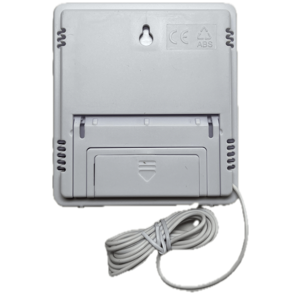 Rückansicht des HTC-2 Hygrometers mit Wandhalterung und Batteriefach