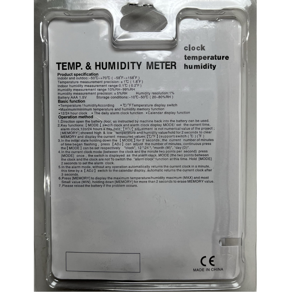 Rückseite der Verpackung des HTC-2 Hygrometers mit technischen Daten